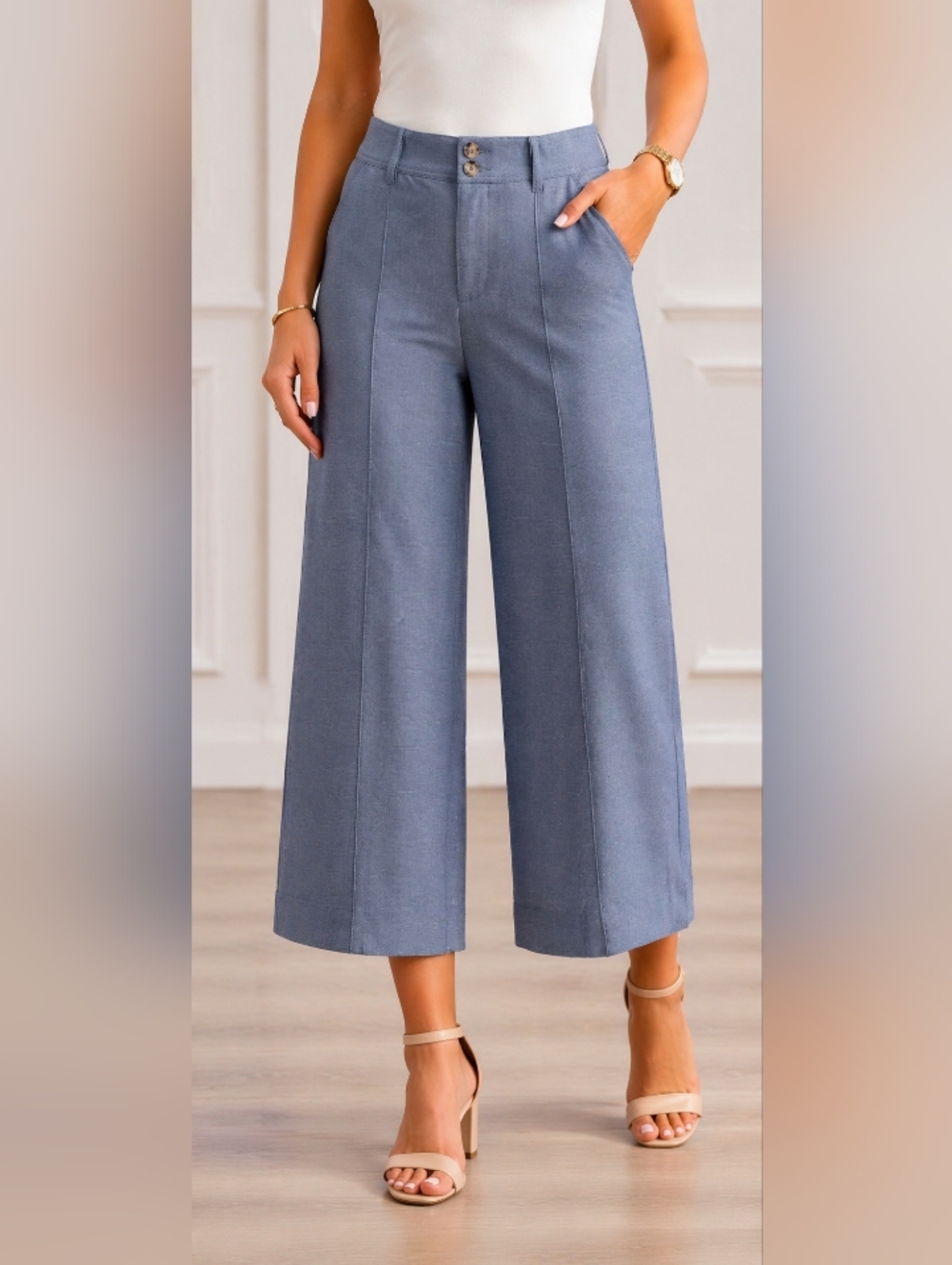 Democracy Ab Solution Double Button Wide Leg Cropped Pants in Slate Blue